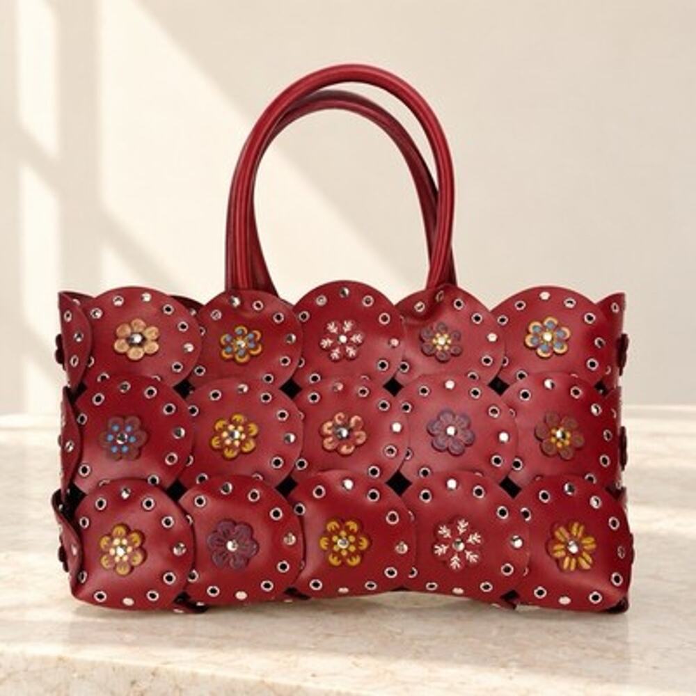 ESPRIT Burgundy Red Floral Circle Disc Handbag Silver Grommet Studded Purse